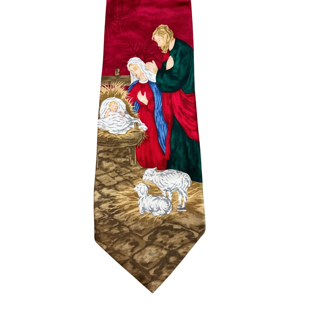Hallmark Specialties Mens Silk Tie Nativity Scene Christmas Religious Red 59in